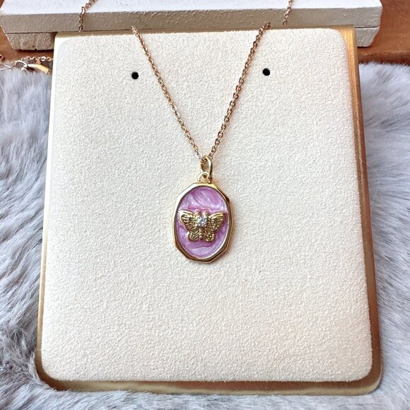 Gold Pink Enamel Rhinestone Butterfly Moth Charm Necklace - Picture 1 of 4